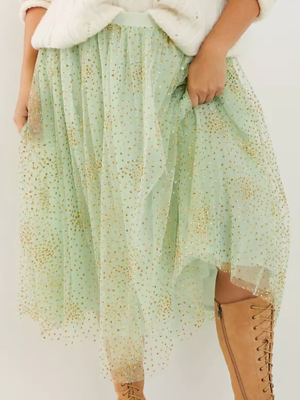 Anthropologie Sydney Shimmer Tulle A-Line Midi Skirt Plus Size 2X, Mint & Gold